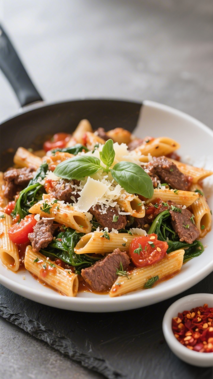 Final dish presentation — Italian-style skillet pasta: beautifully plated penne tossed with beef, 