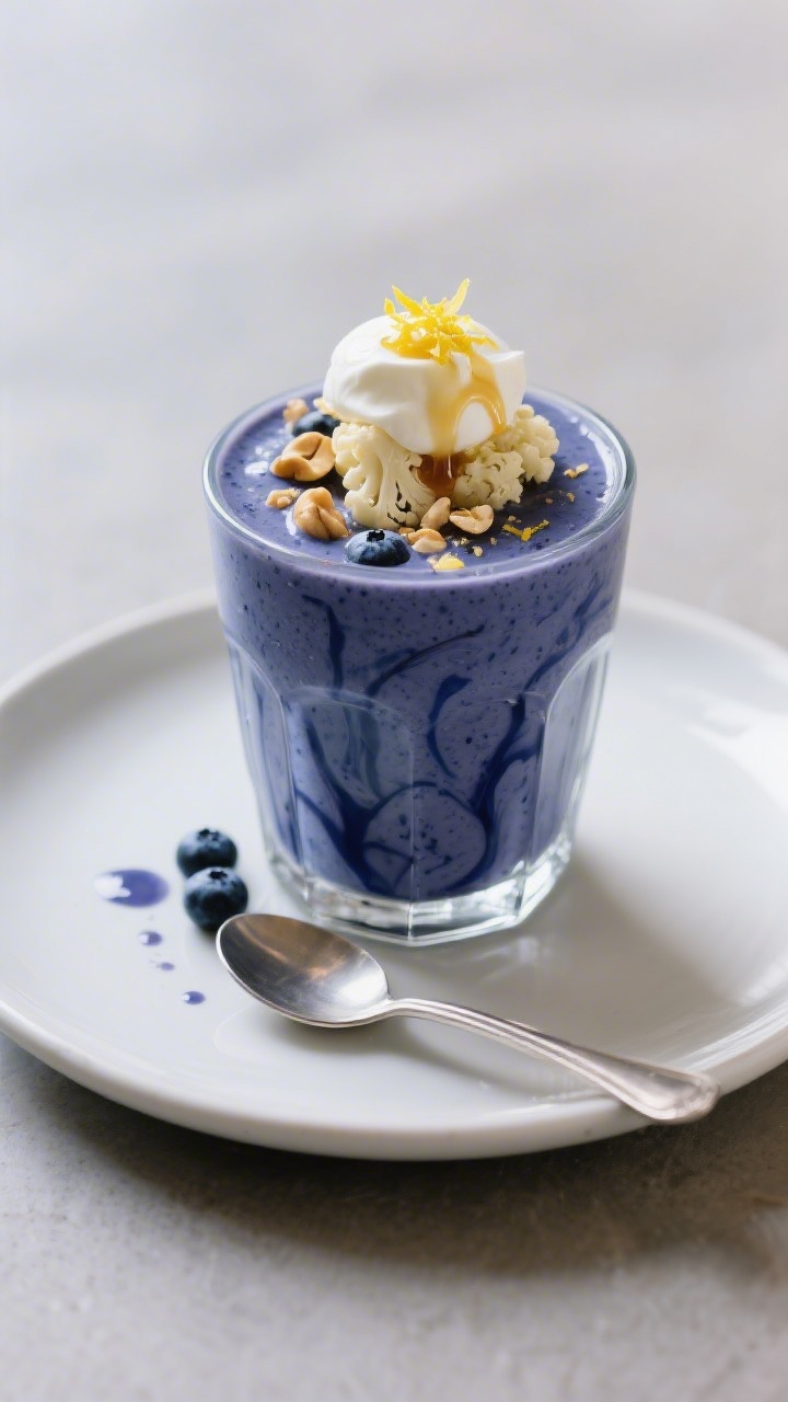 Final dish presentation: Lemon Blueberry “Cheesecake” cauliflower smoothie served thick in a low