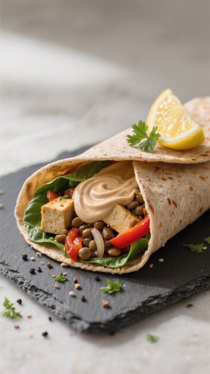Final dish presentation: Mediterranean-leaning wrap—whole-grain tortilla filled with the crisp tof