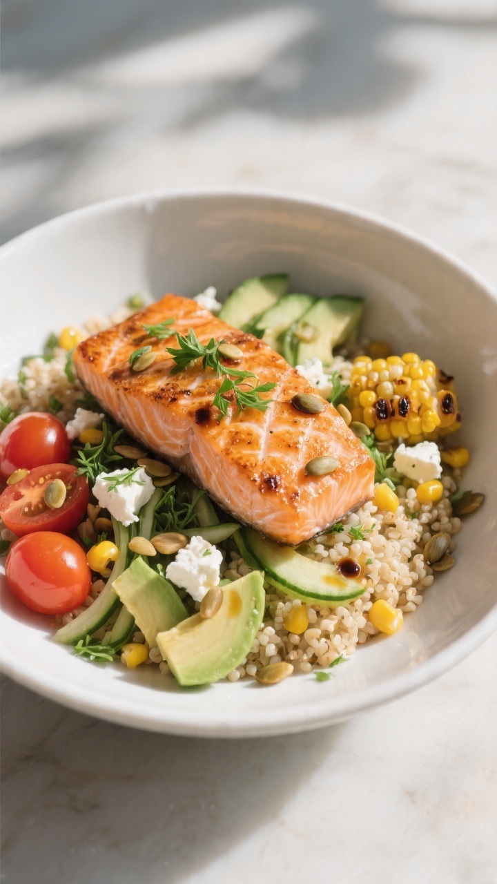 Final dish presentation: Mediterranean power bowl beautifully plated in a wide white ceramic bowl—