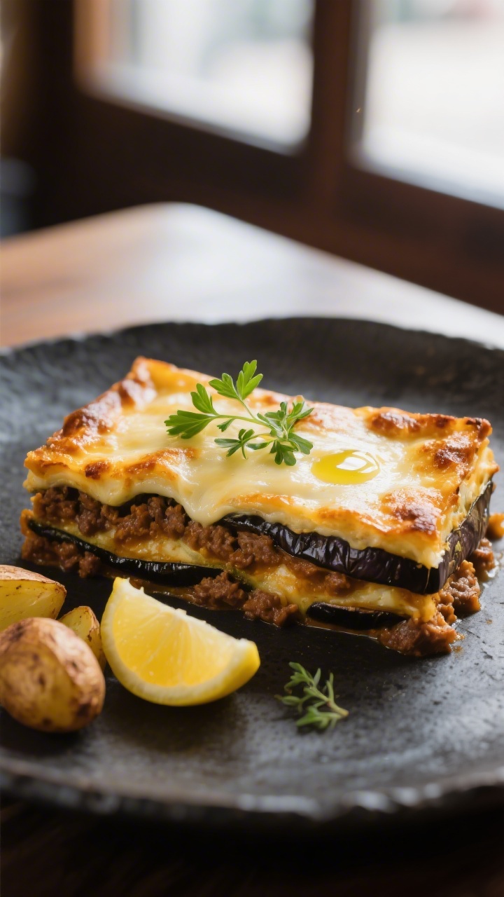Final dish presentation – Moussaka slice: A neatly cut, golden-brown slice of moussaka on a dark s