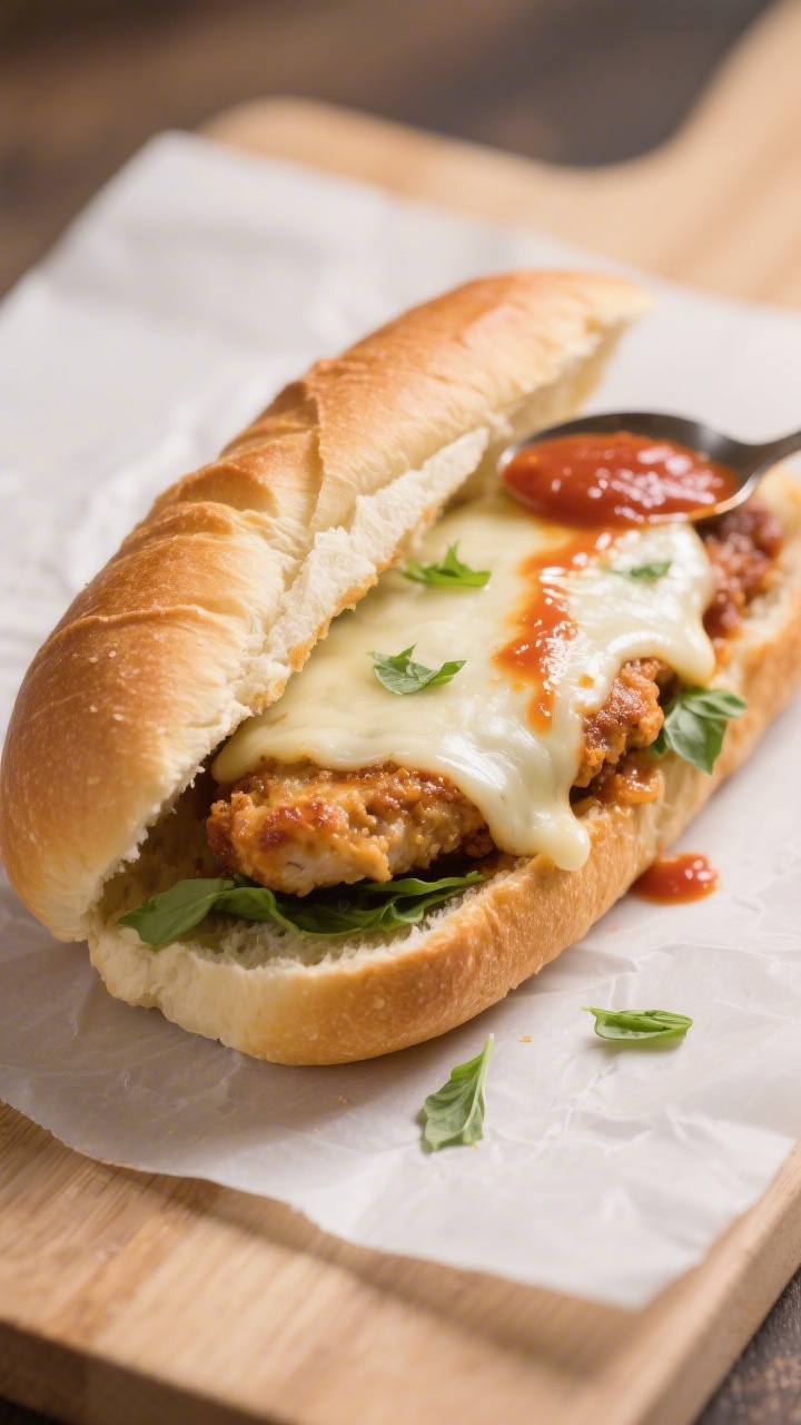 Final dish presentation on a toasted roll: Chicken Parmesan sandwich with a single sauced-and-cheese