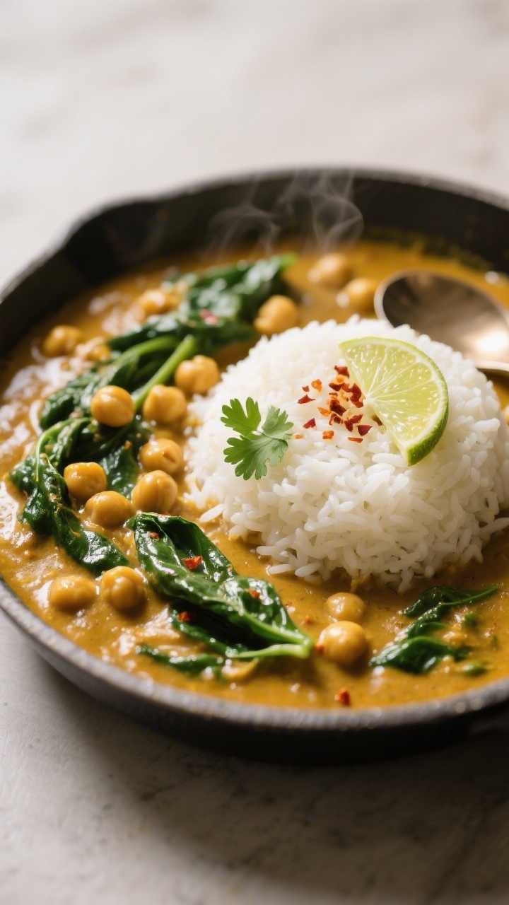 Final dish presentation: One-pan chickpea spinach curry served over steaming white rice — thick go