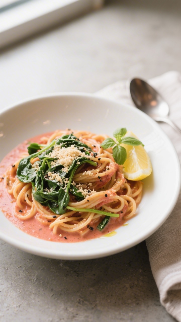 Final dish presentation: One-Pot Creamy Tomato Pasta twirled into a low, wide white bowl, silky blus
