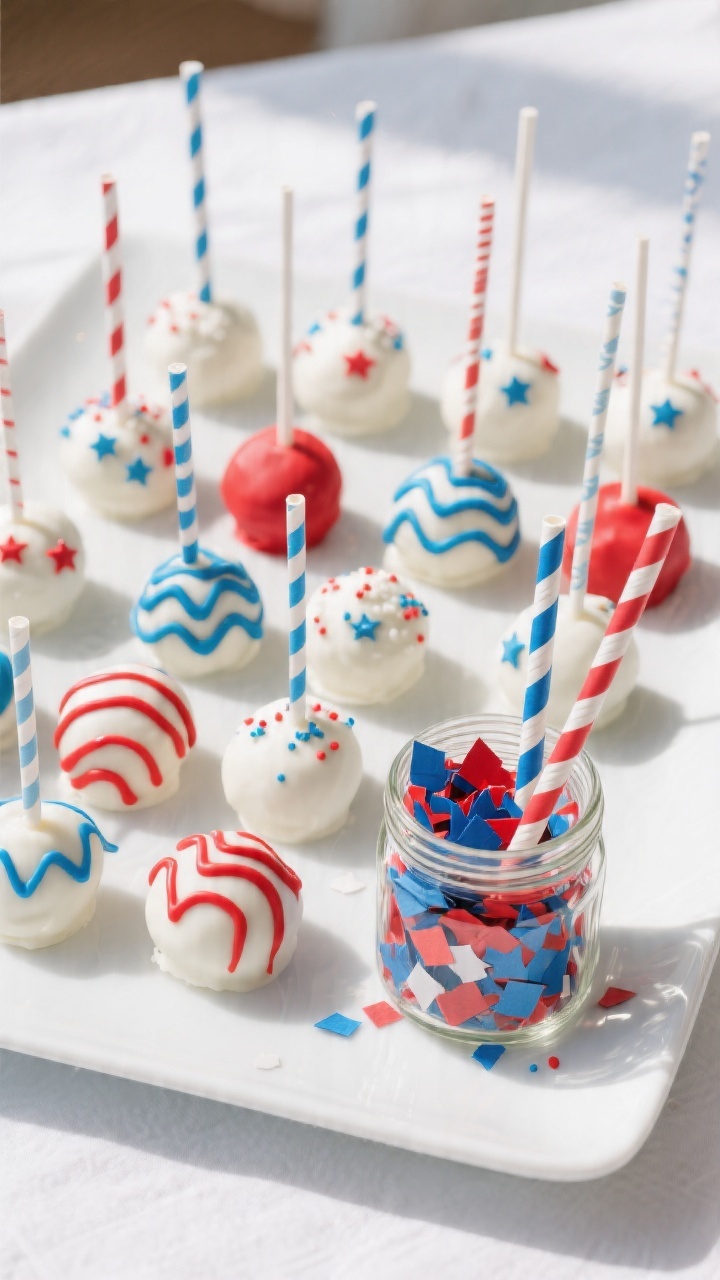 Final dish presentation: Overhead party-ready display of assorted 4th of July cake pops arranged in 