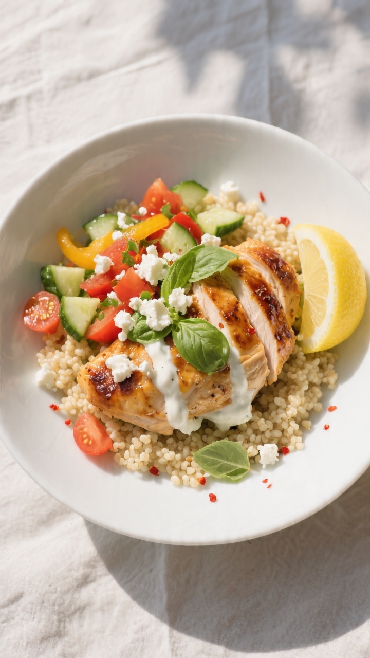 Final dish presentation: Overhead plated dinner bowl of sliced honey-lime chili chicken over fluffy 