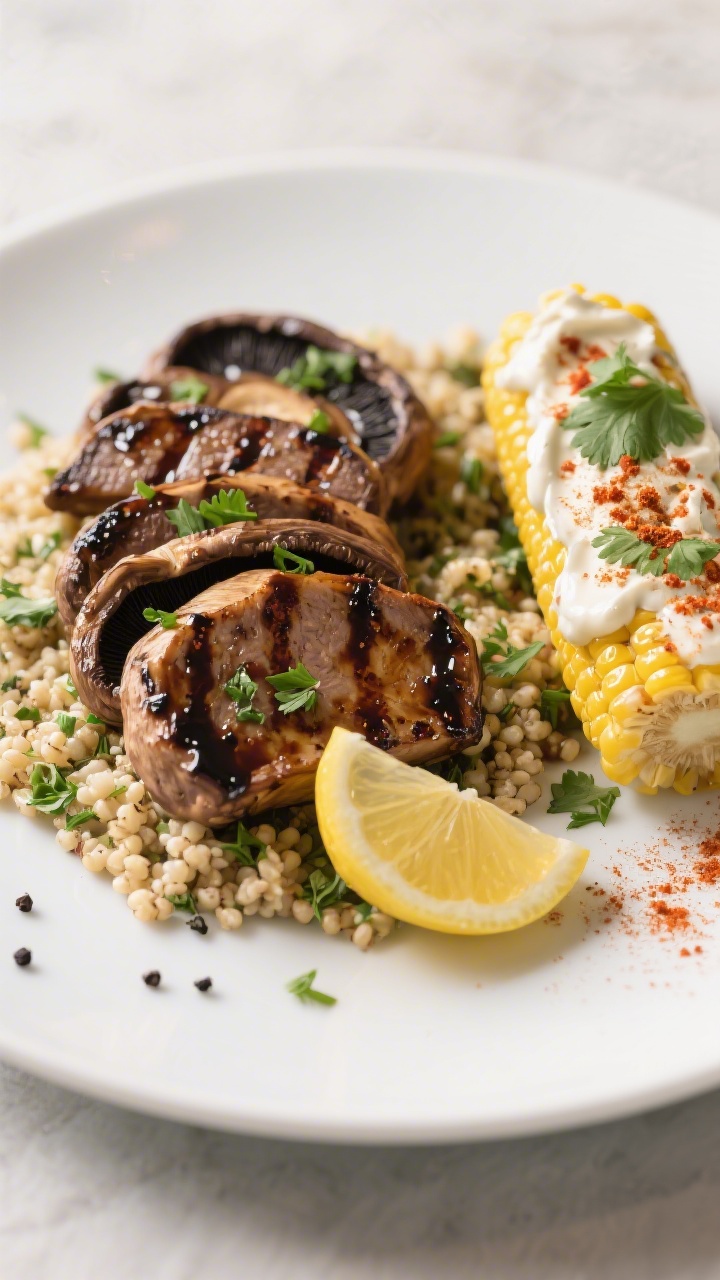 Final dish presentation: Portobello “steaks” brushed with balsamic-herb marinade, sliced and fan