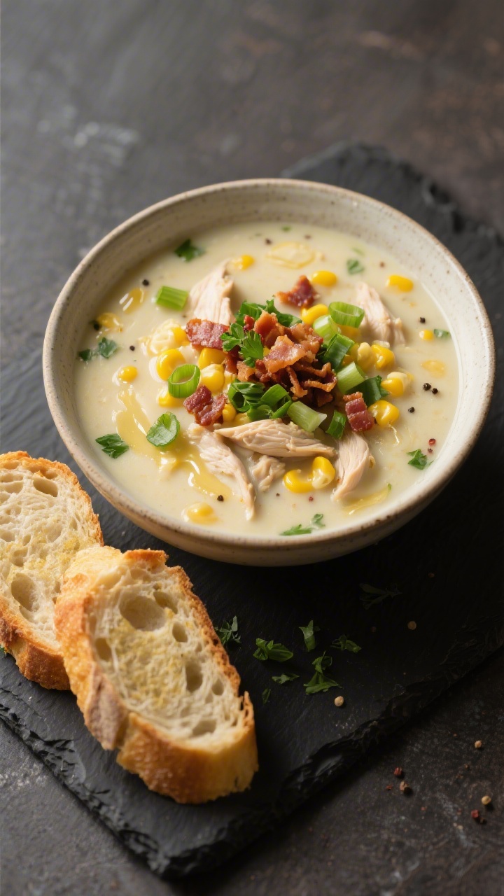 Final dish presentation: Restaurant-quality bowl of Slow Cooker Chicken Corn Chowder garnished with