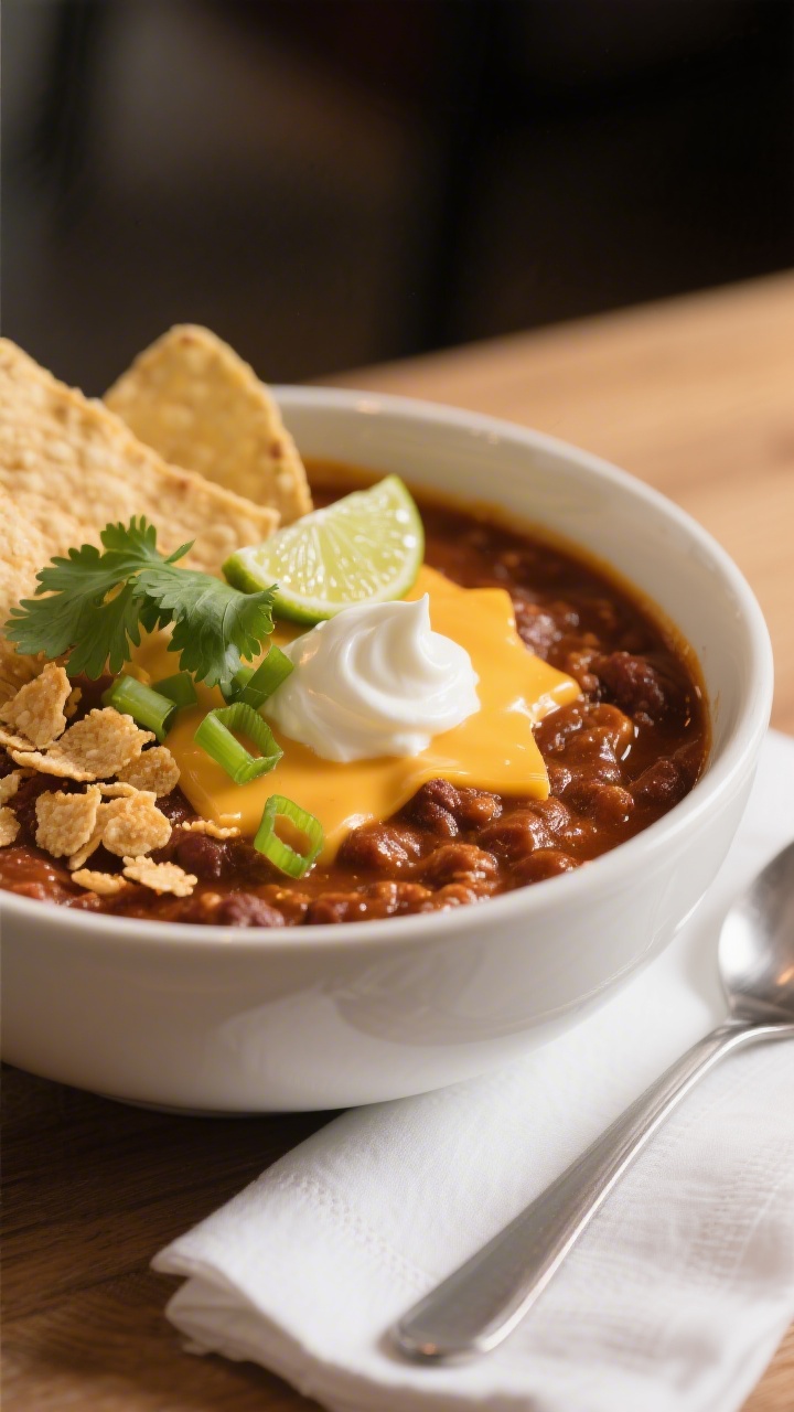 Final dish presentation: Restaurant-quality bowl of classic chili plated in a wide, white ceramic bo