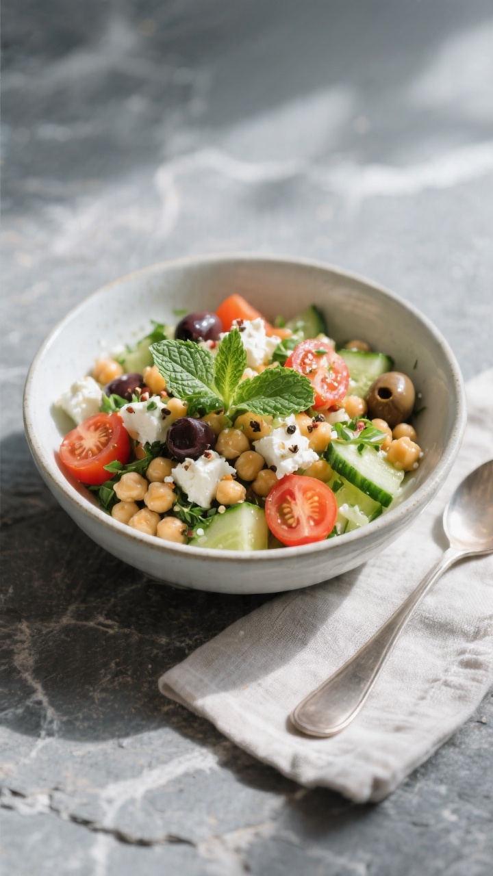 Final dish presentation: Restaurant-quality bowl of chilled Chickpea Salad served as a light summer 