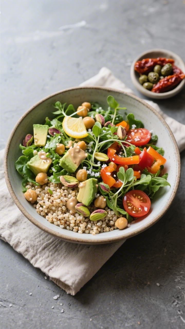 Final dish presentation: Restaurant-quality bowl of the finished no-cook vegan grain bowl—fluffy p