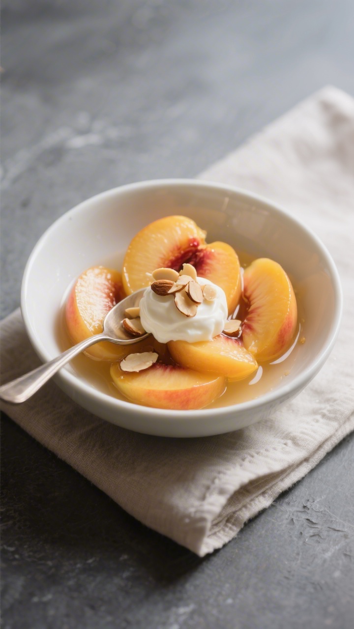 Final dish presentation: Restaurant-quality dessert bowl of chilled canned peach halves spooned with