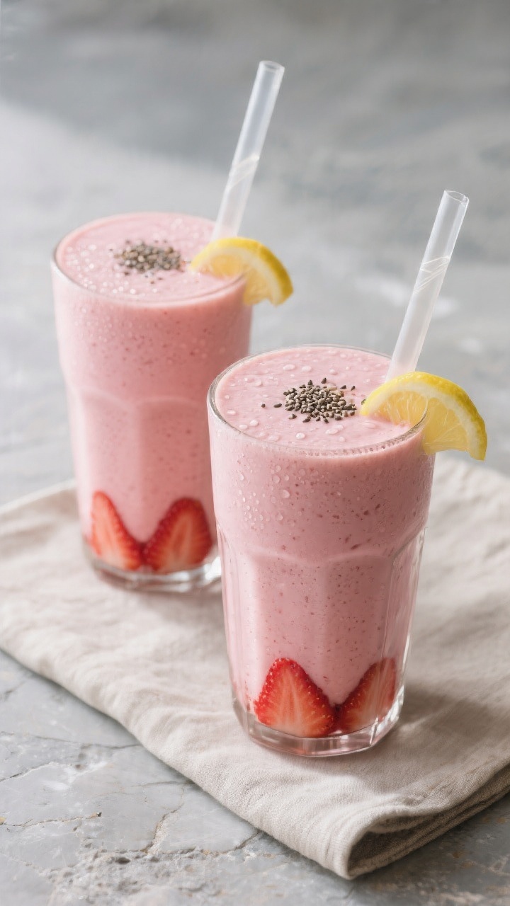 Final dish presentation: Restaurant-quality hero shot of two strawberry banana smoothies side by sid