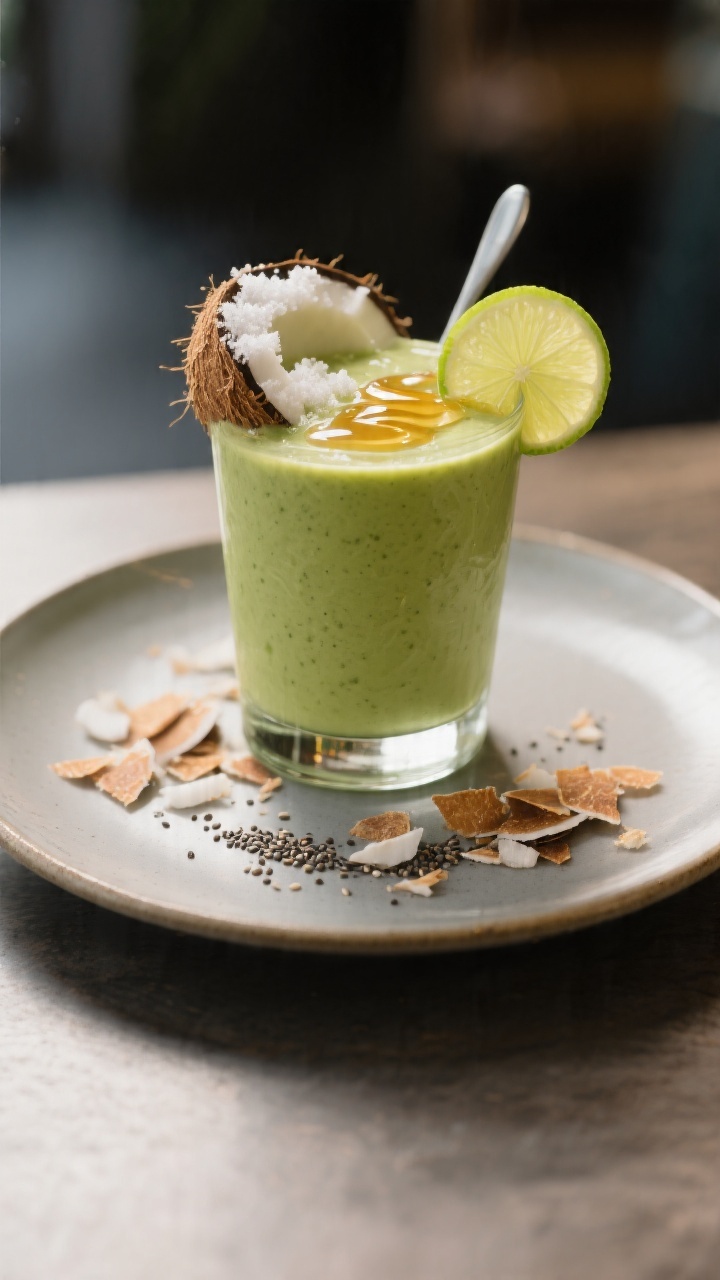 Final dish presentation: Restaurant-quality hero shot of a single Avocolada smoothie styled like a m