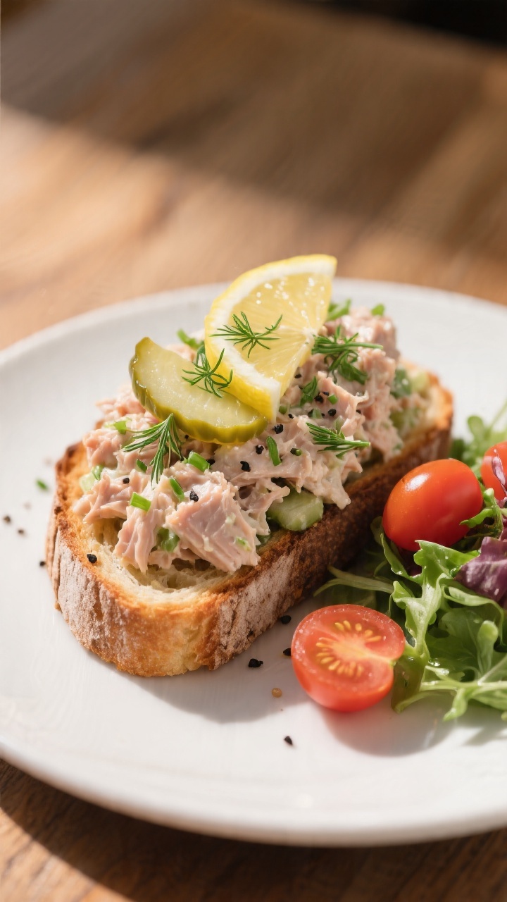 Final dish presentation: Restaurant-quality open-faced tuna salad toast on thick toasted sourdough, 