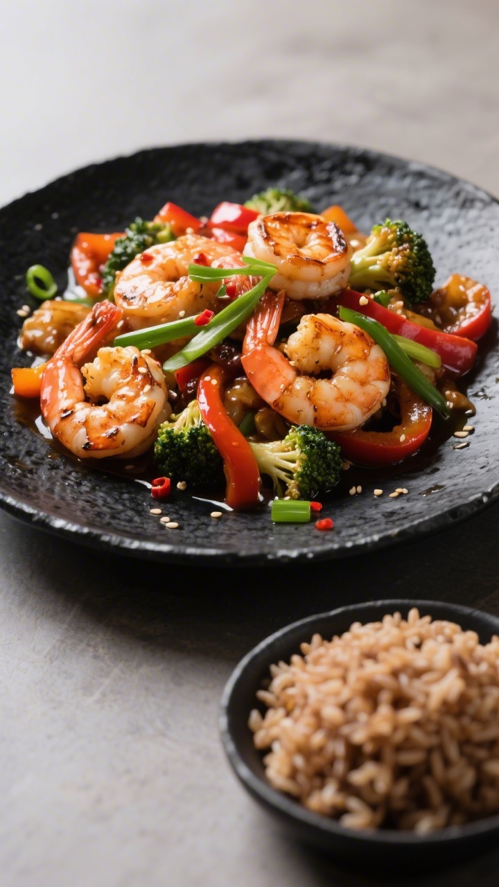 Final dish presentation: Restaurant-quality plate of shrimp stir fry, plump shrimp with light char n