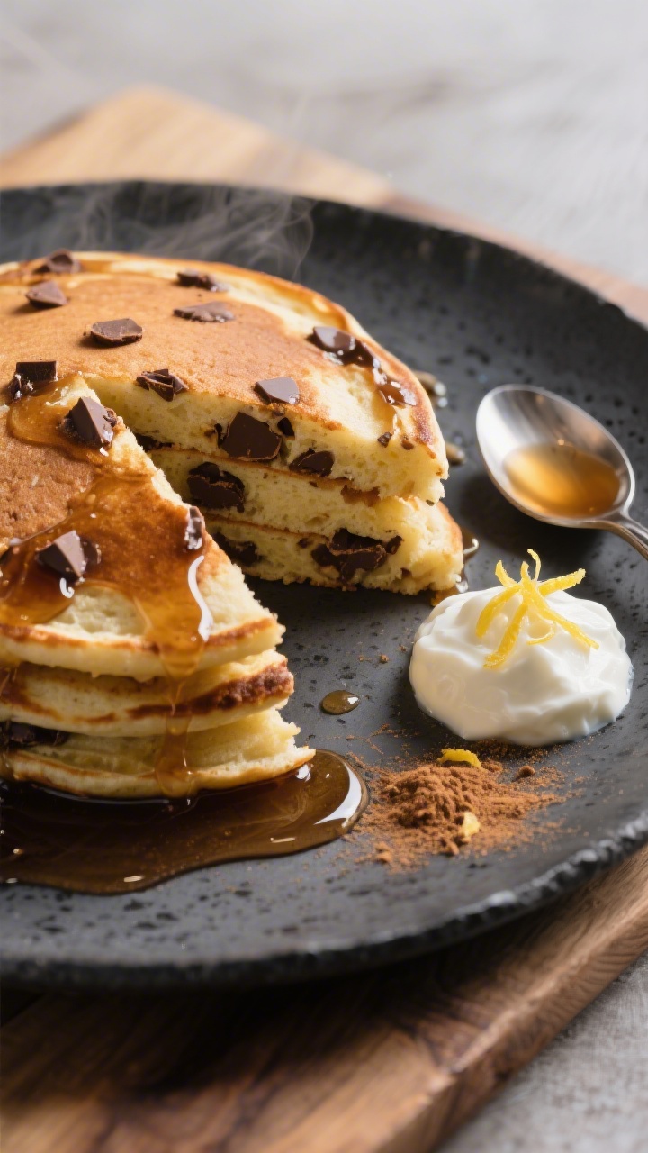 Final dish presentation: Restaurant-quality plate of banana-chocolate-chip pancakes, cross-section w