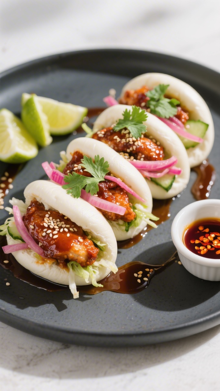 Final dish presentation: Restaurant-quality plate of fully assembled Korean chicken bao—pillowy wh