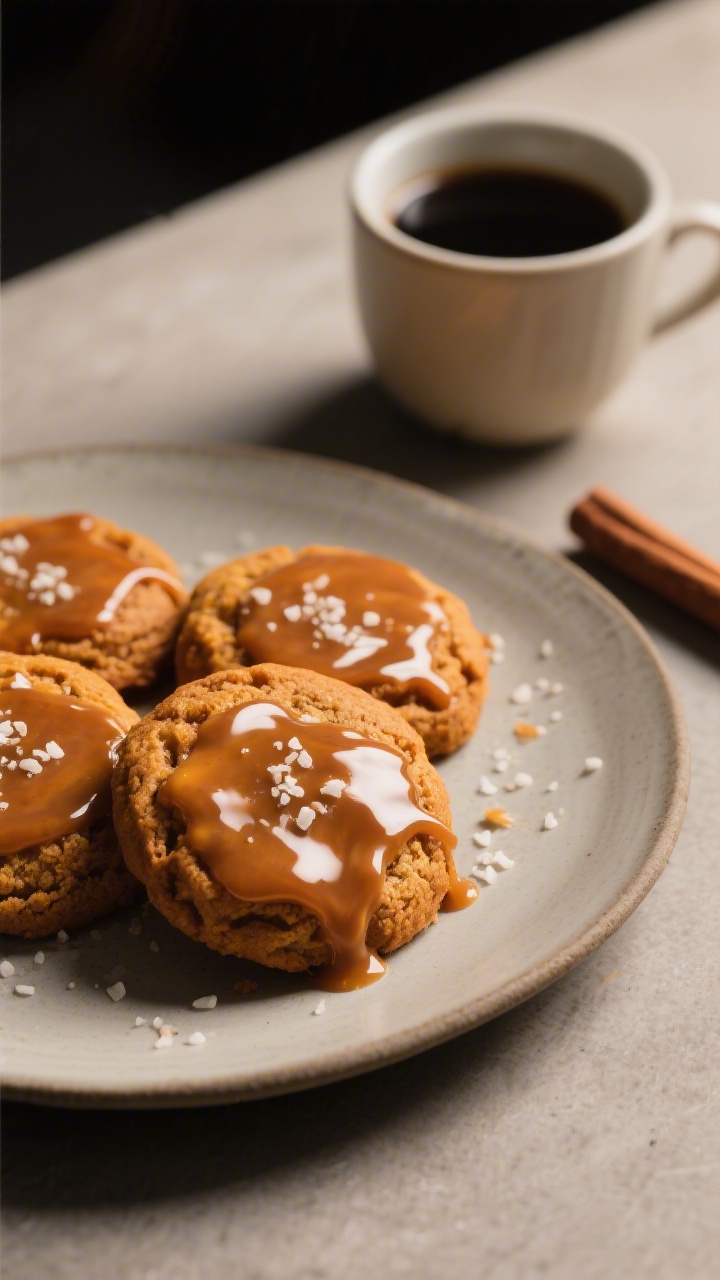 Final dish presentation: Restaurant-quality plate of vegan pumpkin cookies drizzled with glossy mapl