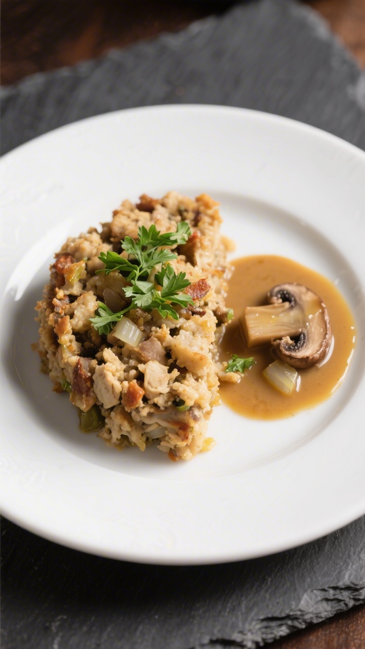 Final dish presentation: Restaurant-quality plated serving of vegan stuffing, neatly scooped with de