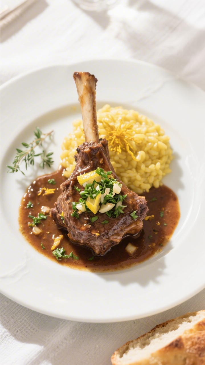 Final dish presentation: Restaurant-quality plated osso buco with gremolata on a wide, shallow white