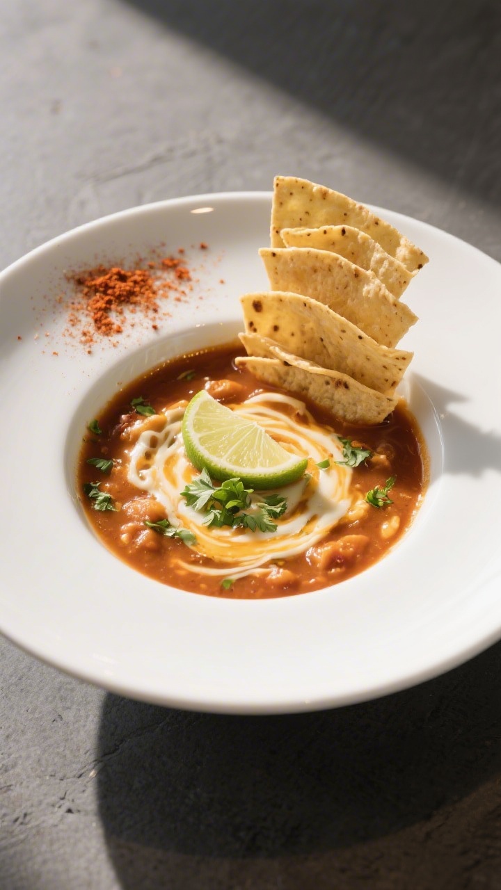 Final dish presentation: Restaurant-quality plated taco soup in a wide, shallow white bowl, cheese m