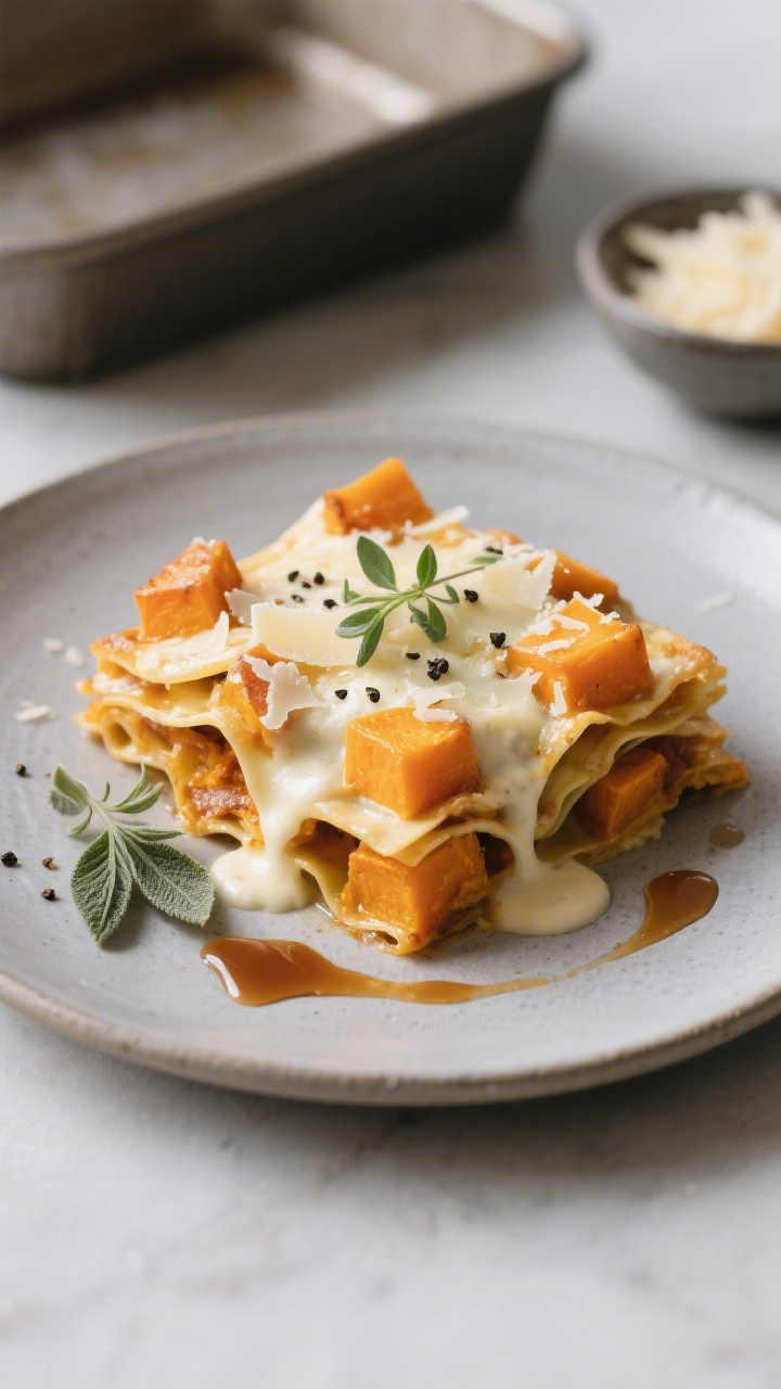 Final dish presentation: Restaurant-quality plated serving of butternut squash lasagna on a matte st