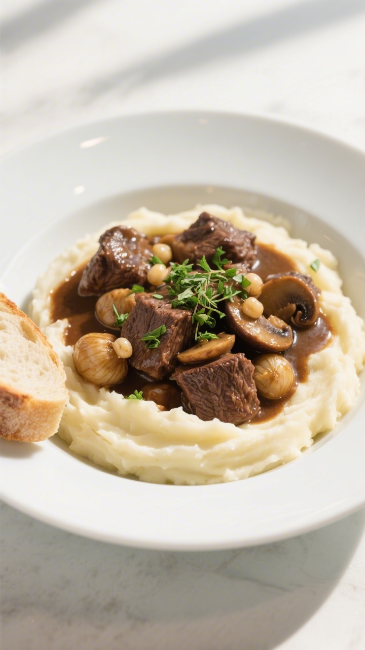 Final dish presentation: Restaurant-quality plated Beef Bourguignon in a wide, shallow white bowl ov