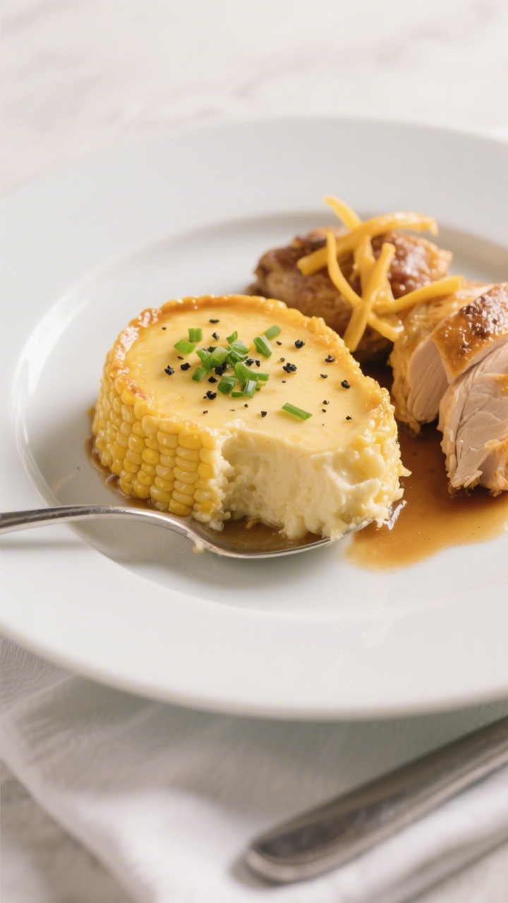 Final dish presentation: Restaurant-quality plated serving of corn pudding on a matte white plate, t