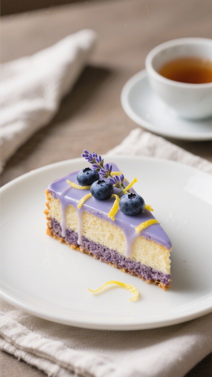 Final dish presentation: Restaurant-quality plated wedge of Blueberry Lavender Cake on a matte white