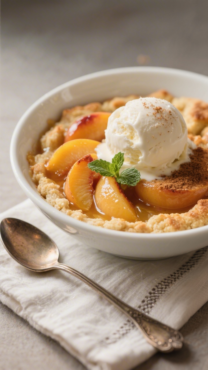 Final dish presentation: Restaurant-quality plated serving of warm peach cobbler in a shallow white 