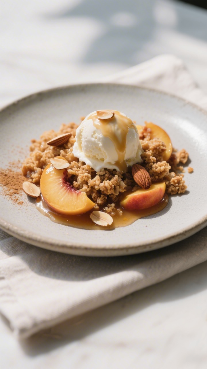 Final dish presentation: Restaurant-quality plated serving of warm peach crisp with a scoop of melti