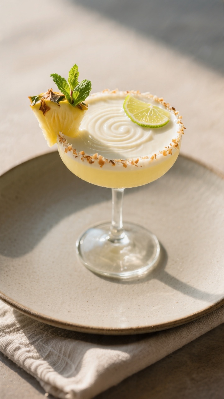 Final dish presentation: Restaurant-quality plated scene of the Pineapple Coconut Cream variation—