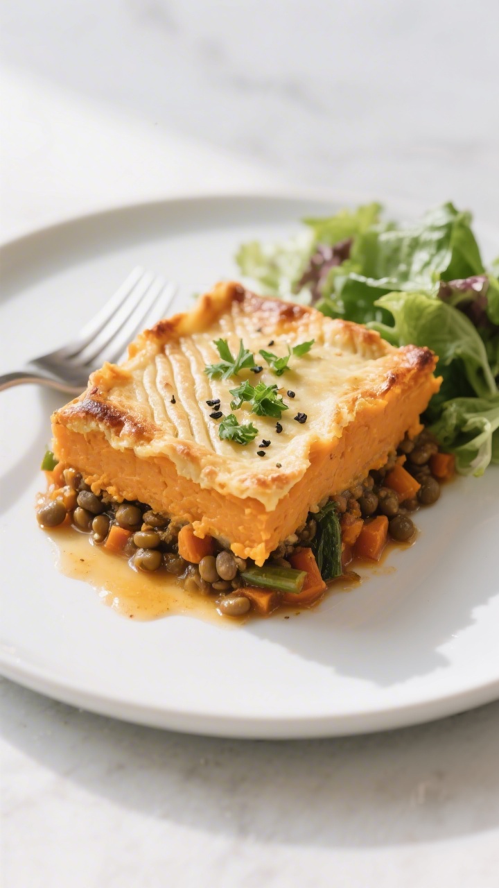 Final dish presentation: Restaurant-quality plated slice of vegan sweet potato shepherd’s pie on a