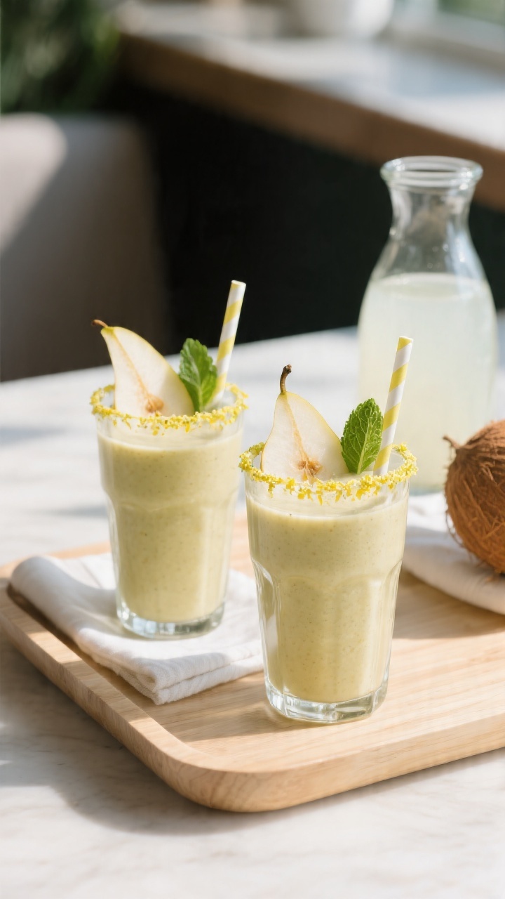 Final dish presentation: Restaurant-quality plated beverage scene—two perfectly poured Ginger Pear