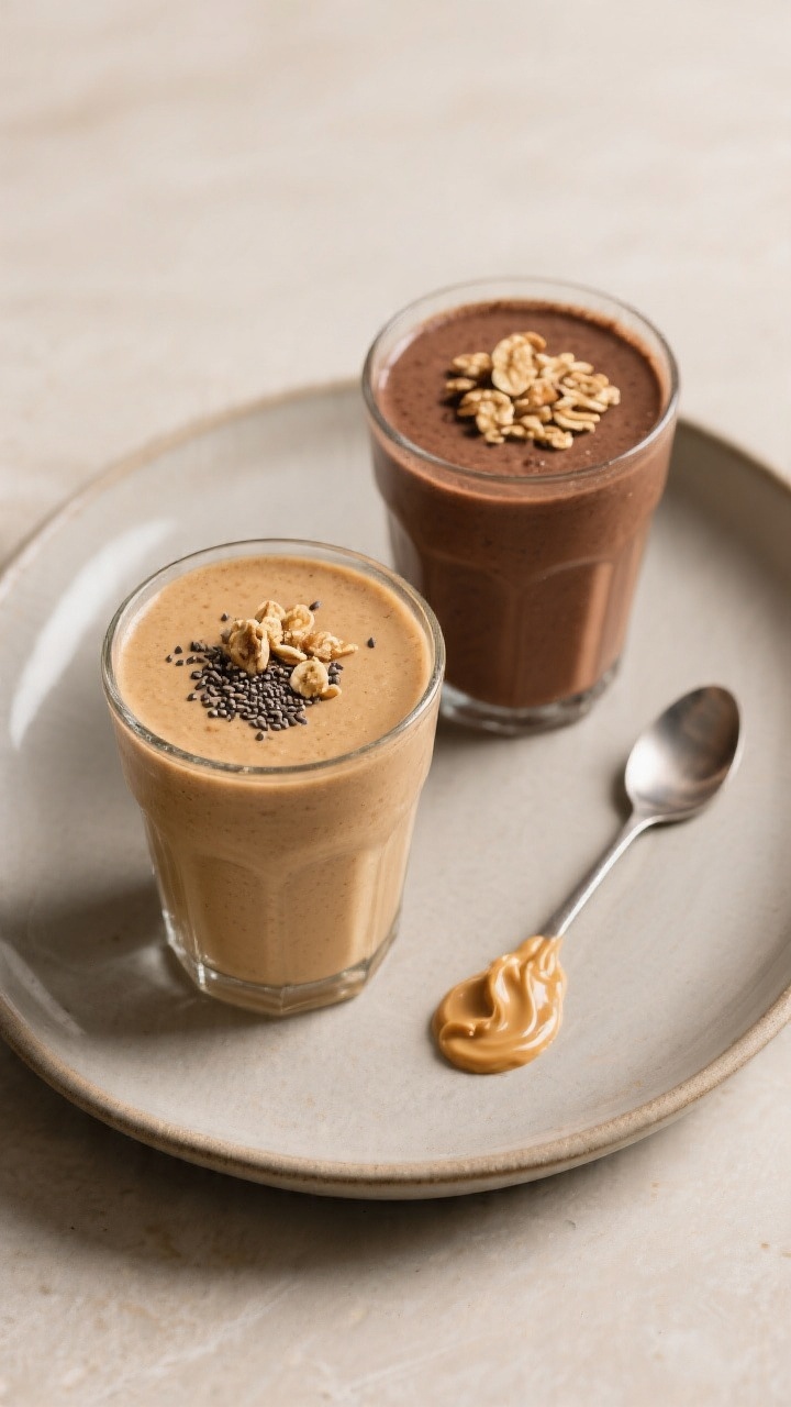 Final dish presentation: Restaurant-quality plated smoothie setup—two frosty smoothie glasses fill