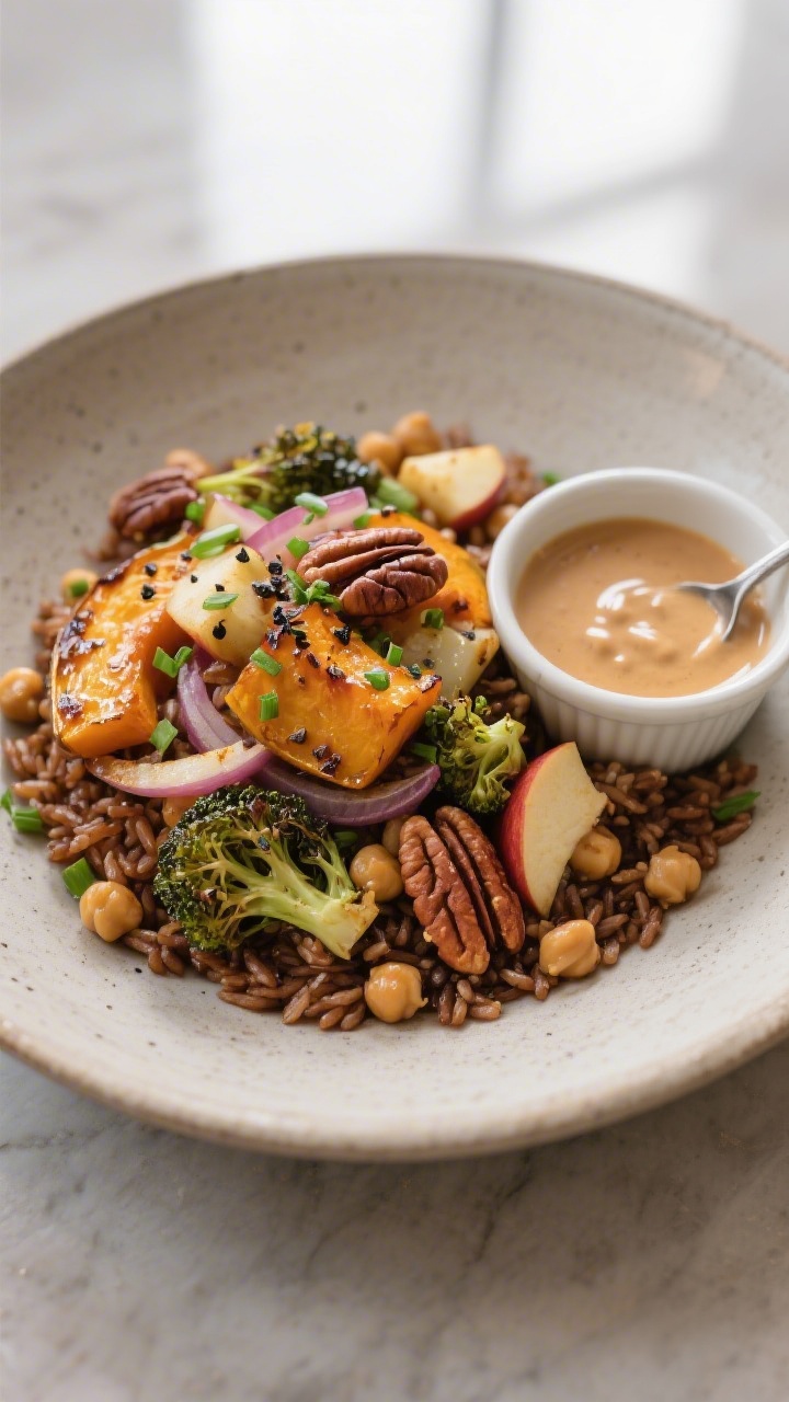 Final dish presentation: Restaurant-quality plated fall grain bowl with roasted squash, Brussels, on