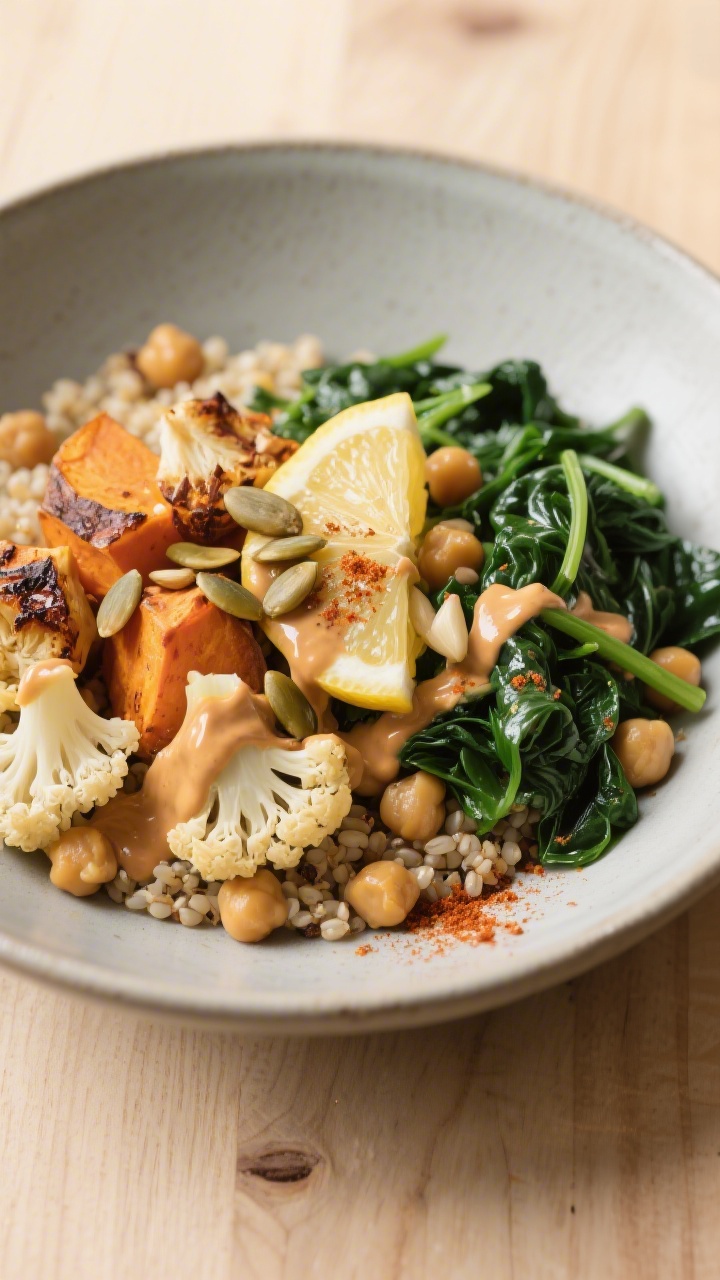 Final dish presentation: Restaurant-quality plated bowl featuring quinoa, chickpeas, smoky roasted c