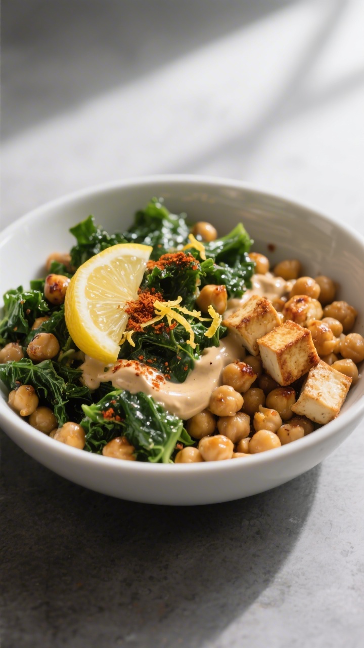 Final dish presentation: Restaurant-quality plated chickpea power bowl, kale slightly wilted under t