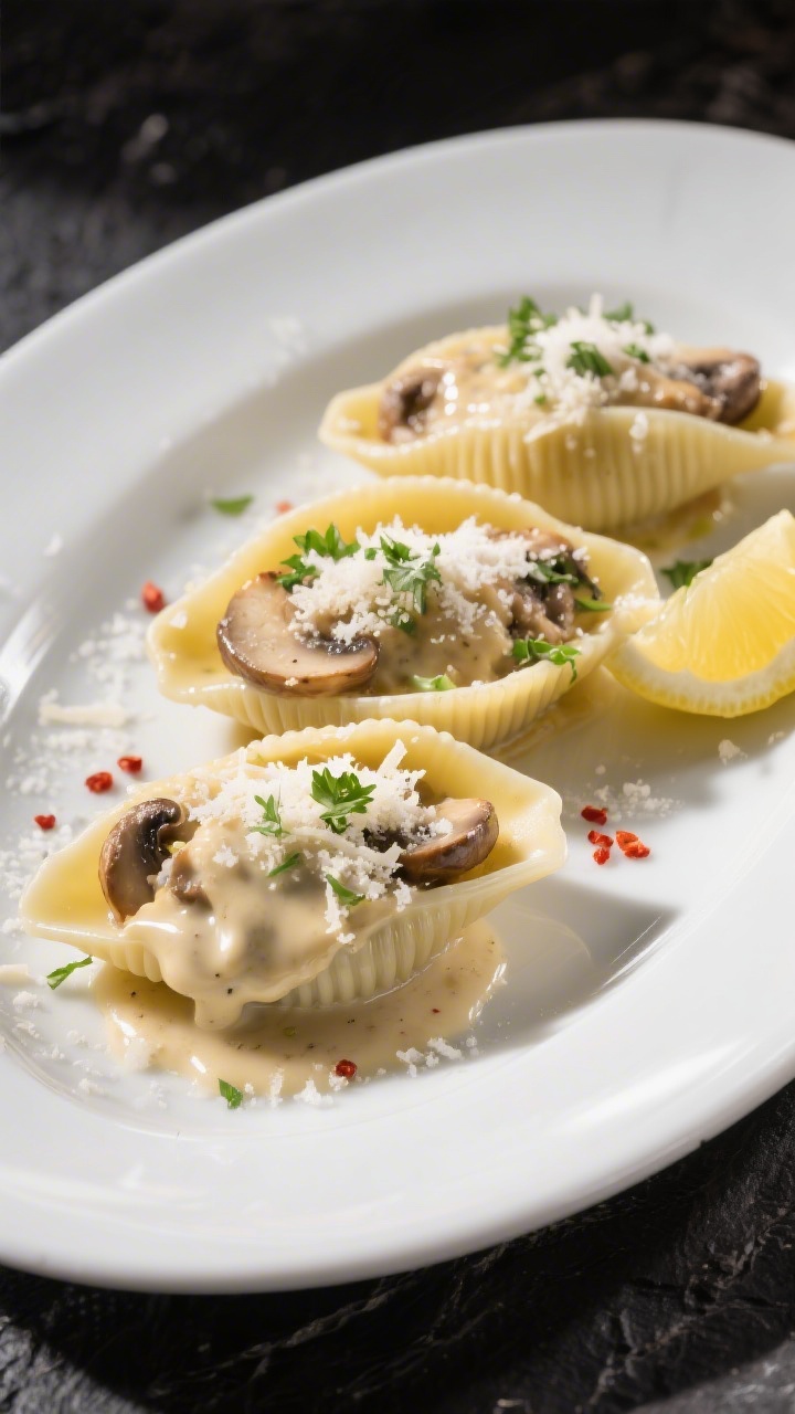 Final dish presentation: Restaurant-quality plated portion of Garlic Mushroom Stuffed Shells on a wi