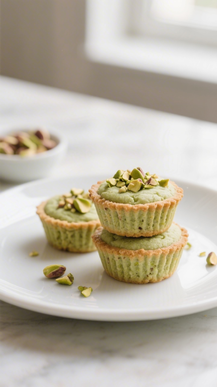 Final dish presentation: Restaurant-quality plated pistachio cookie cups on a white ceramic plate, t