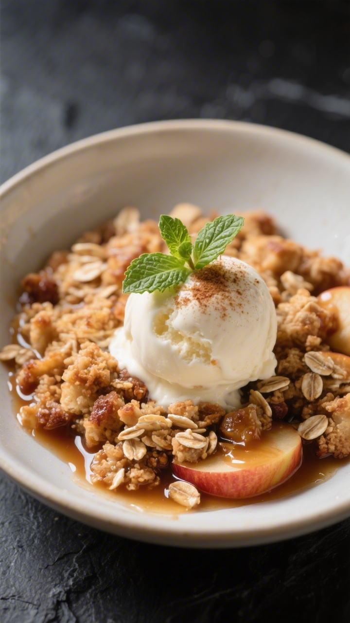 Final dish presentation: Restaurant-quality plated apple crisp in a shallow bowl, a generous scoop o