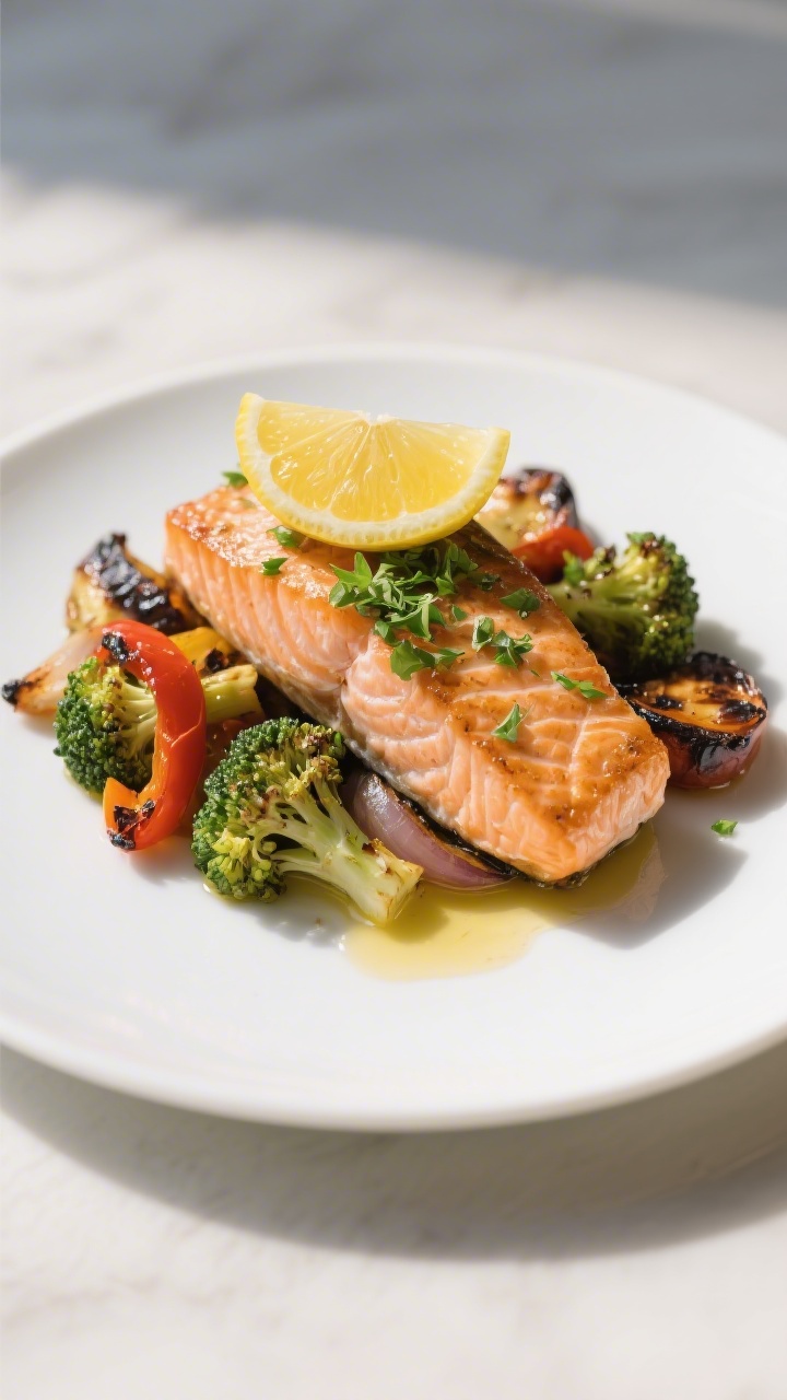 Final dish presentation: Restaurant-quality plated Lemon Herb Salmon with Roasted Veggies—salmon f