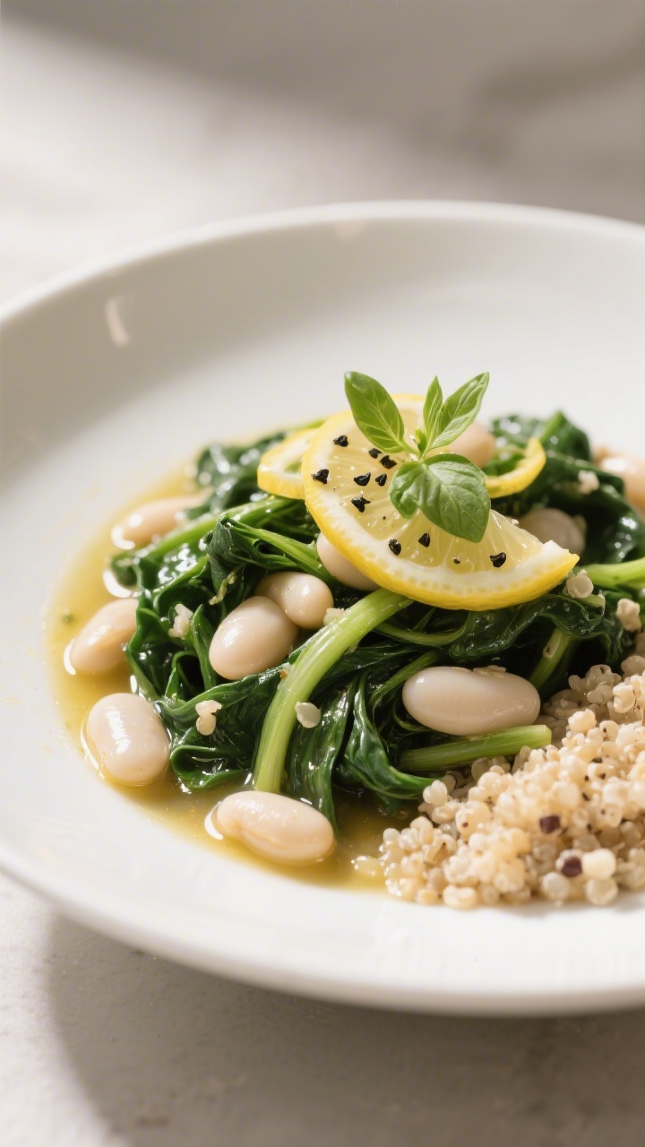 Final dish presentation: Restaurant-quality plating of White Bean Greens Skillet in a wide, shallow 