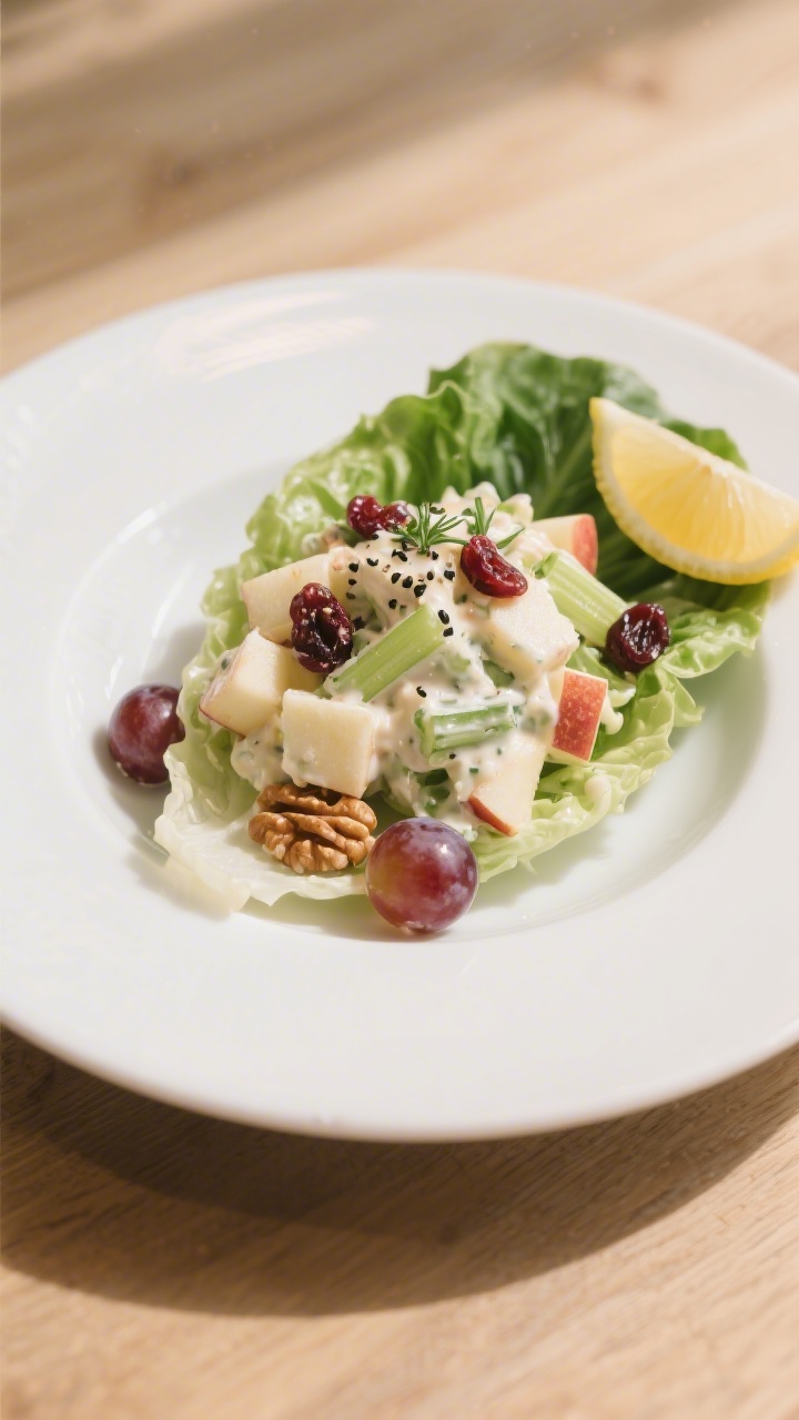 Final dish presentation: Restaurant-quality plating of Waldorf Salad spooned onto tender butter lett