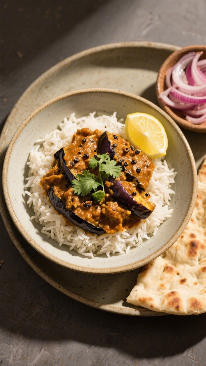 Final dish presentation: Restaurant-quality plating of eggplant curry ladled over fluffy basmati ric