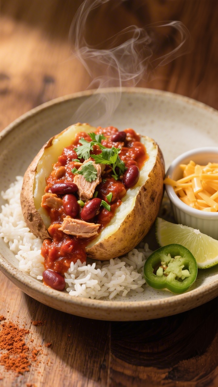 Final dish presentation: Restaurant-quality plating of turkey and bean chili over a split baked pota