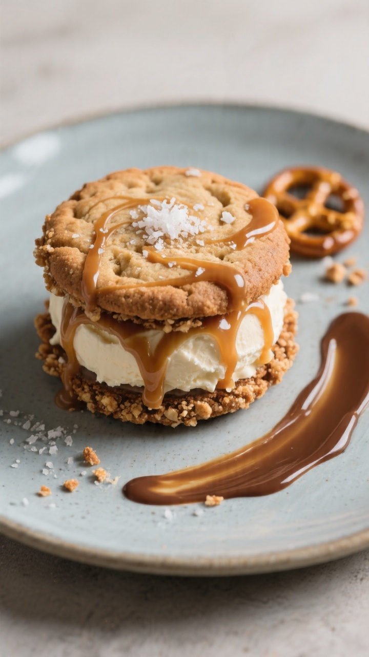 Final dish presentation: Restaurant-quality plating of a single “salted caramel” sandwich—snic