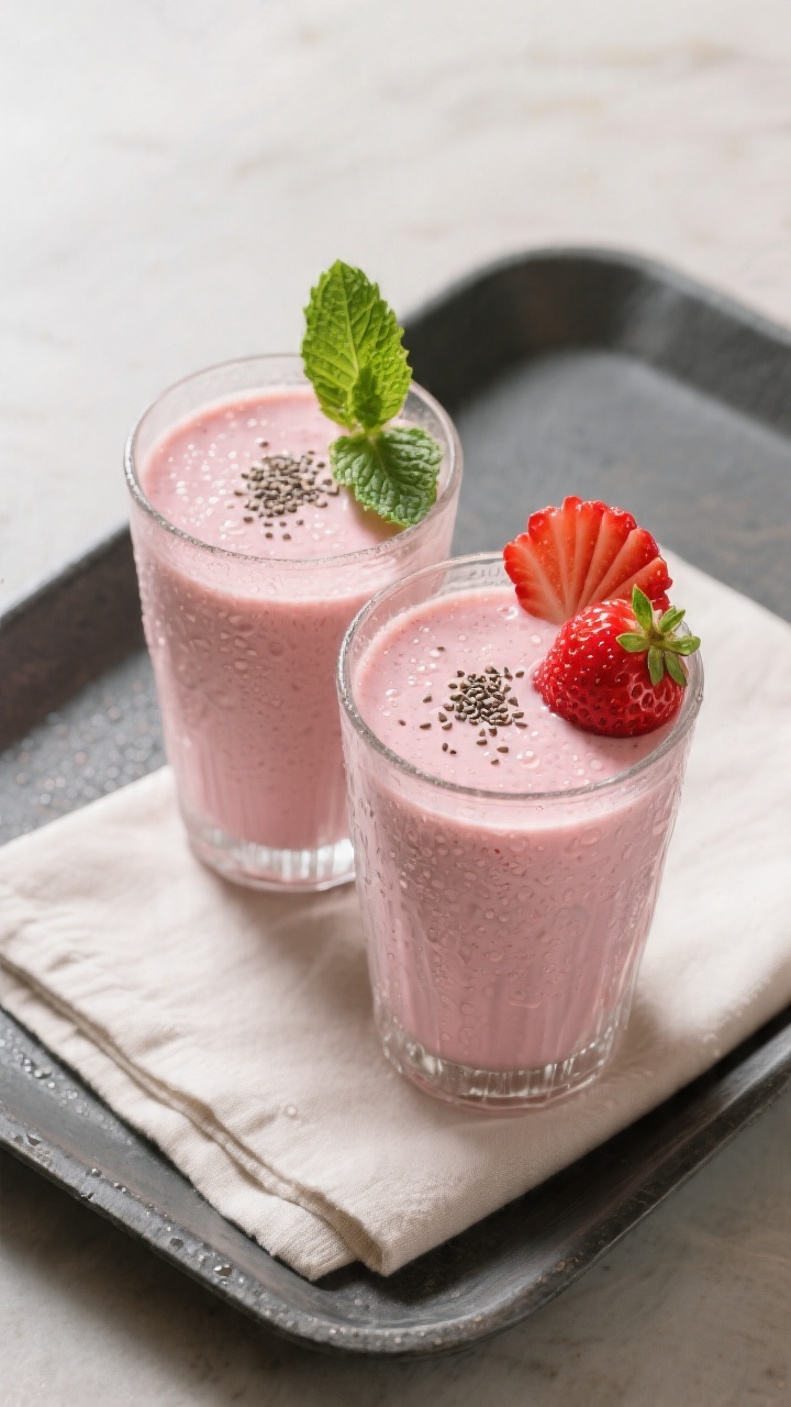 Final dish presentation: Restaurant-quality plating of two strawberry yogurt smoothies in tall, fros