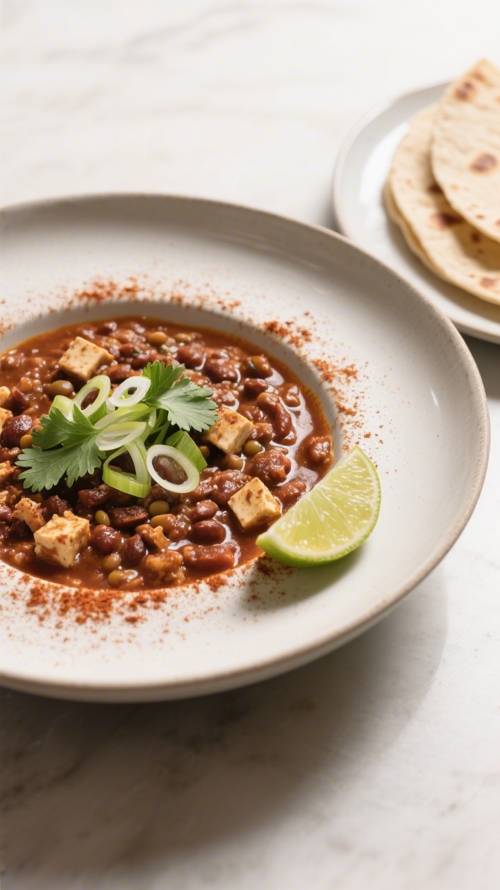Final dish presentation: Restaurant-quality plating of the vegan chili in a wide, low bowl with a st